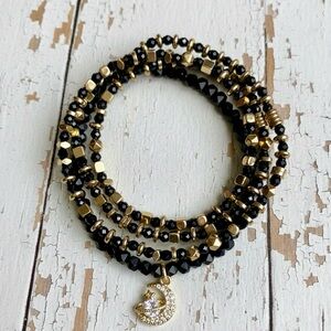 Set of 2 Black & Gold Hematite Wire Wrap Bracelets w/Crescent Moon Charm